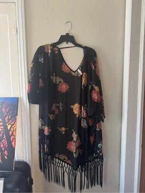 Black Floral Fringe Kimono Cover-Up